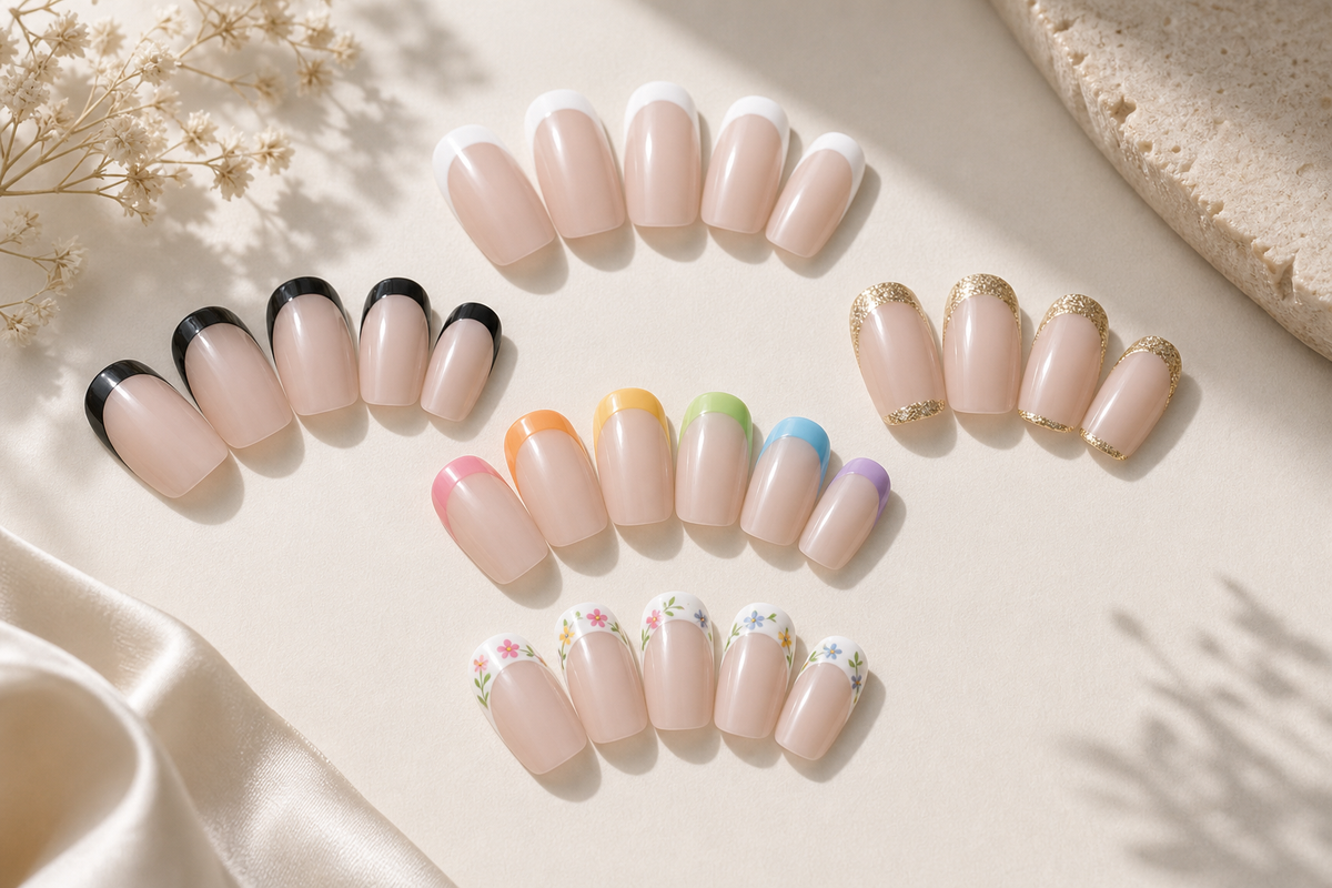 Multiple french tip nail designs arranged in a fan pattern