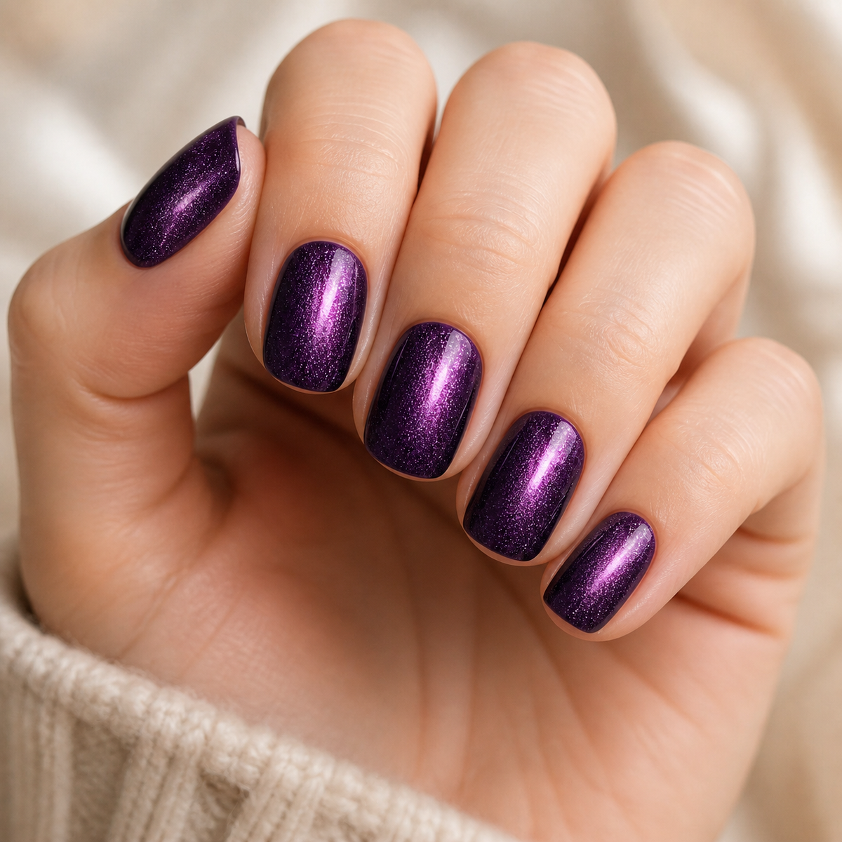 Amethyst Diamond cat eye gel nail wraps on hand