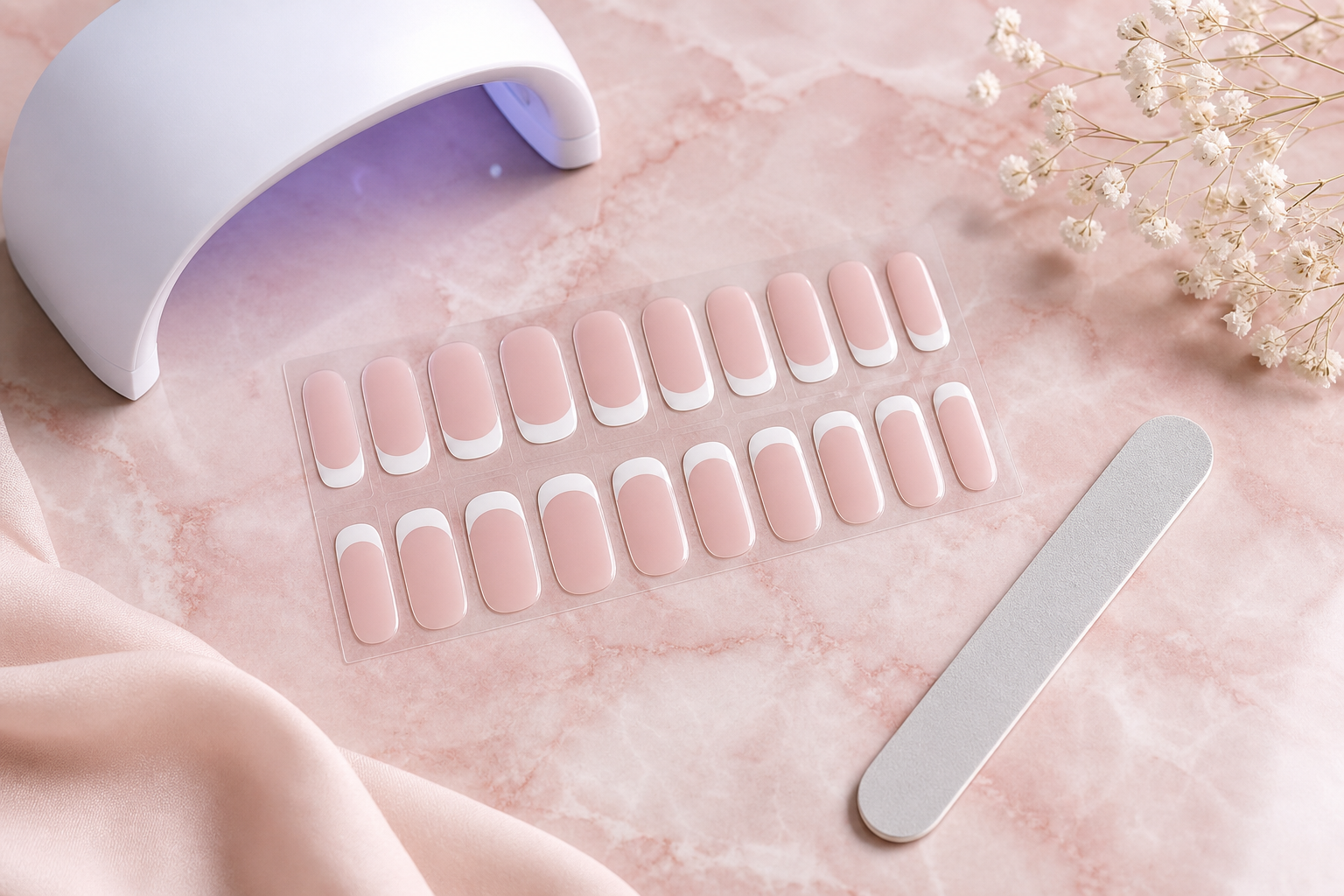 French tip nail wraps flat lay with UV lamp and nail file