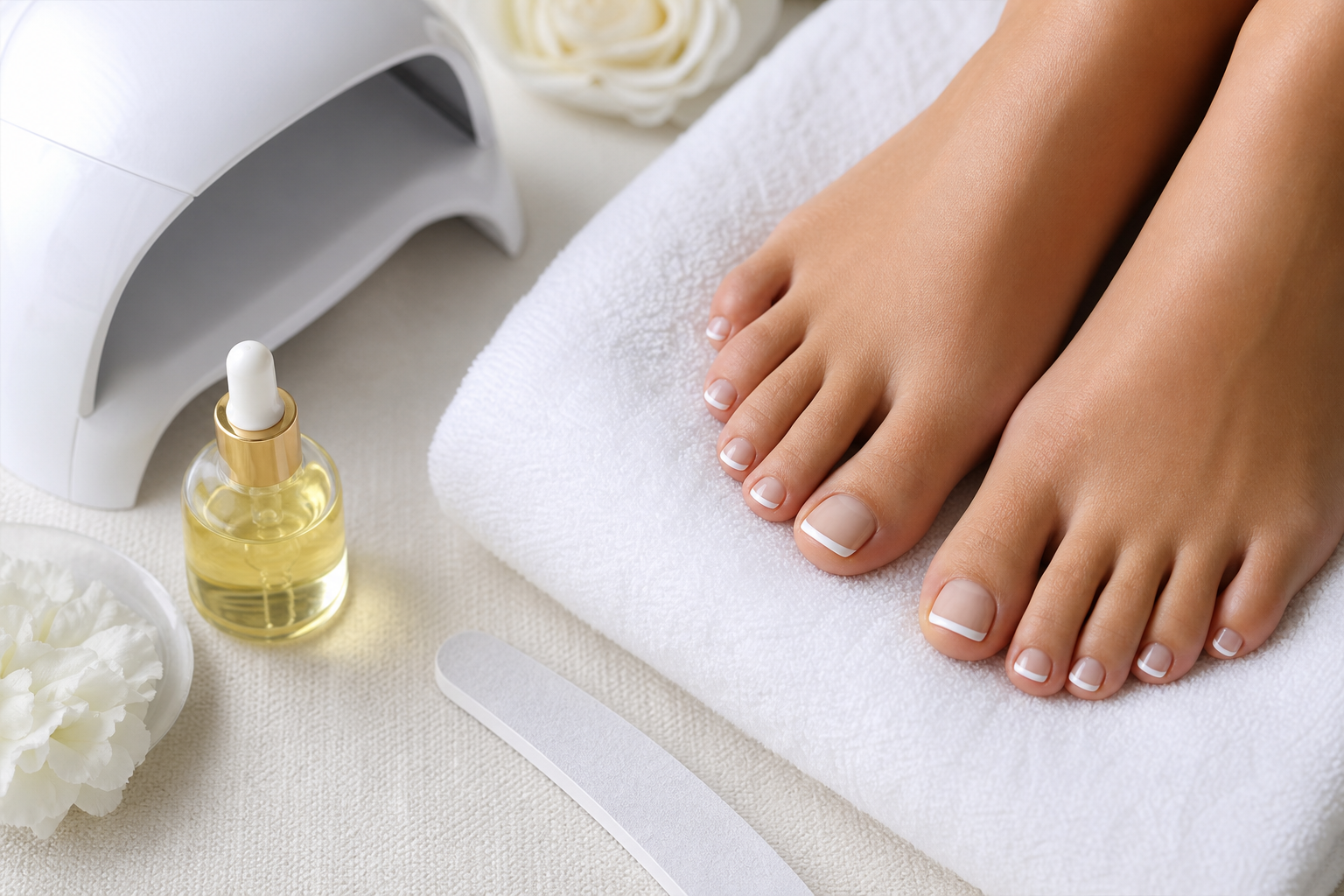 French tip toe nails pedicure with spa elements
