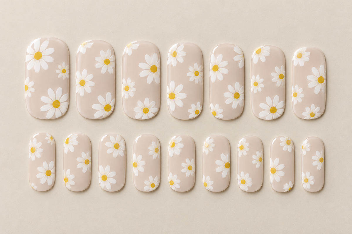 Daisy nail wraps flat lay with white petals and yellow centres