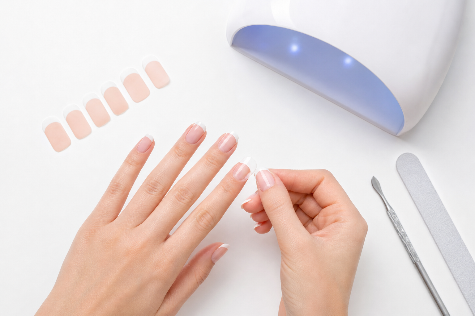 Hands applying french tip nail wraps with tools arranged nearby